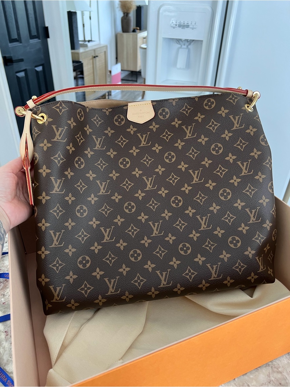 Louis Vuitton Monogram Canvas Shoulder Hobo with Red-Trim Handle